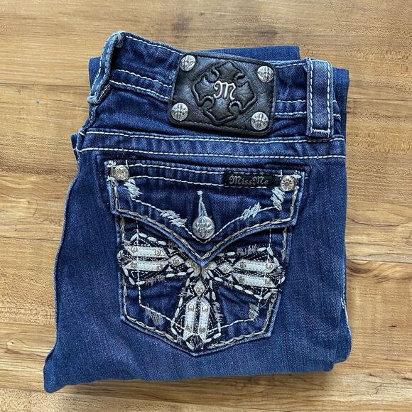 MISS ME Jeans 28 Signature Bootcut Flap Pocket Low Rise Stretch Cross Rhinestone - Picture 1 of 16